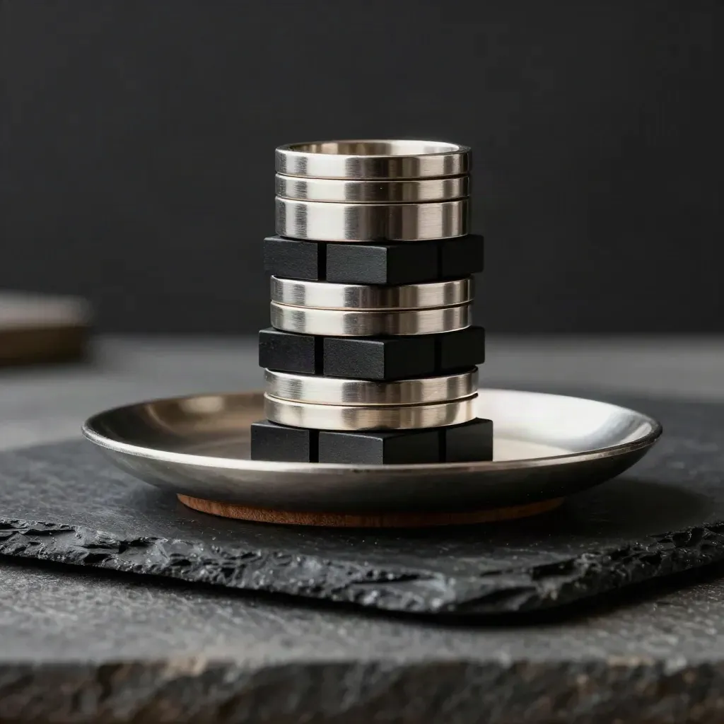 Metal allocation rings and black blocks stacked on slate in a dramatic finance still life.