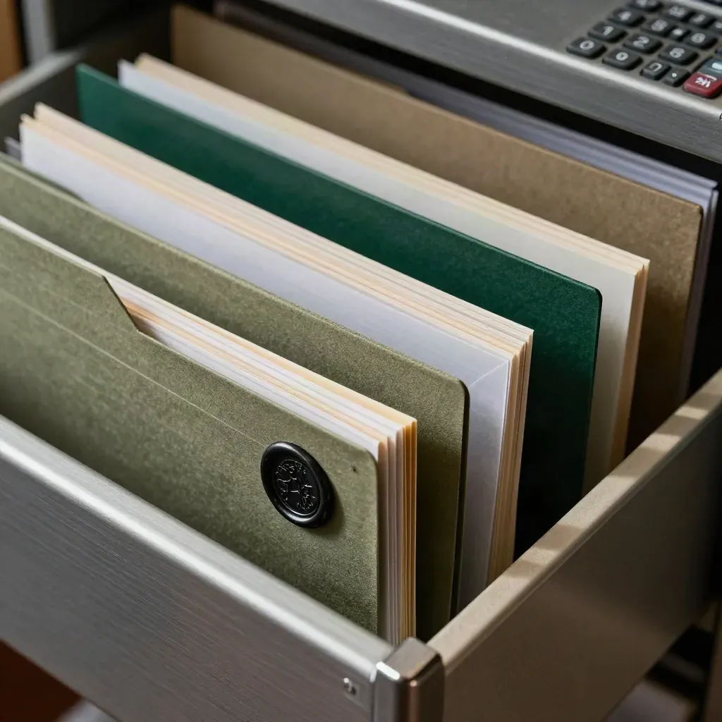 Overhead close-up of tax folders, wax seal, envelope sleeve and calculator in a filing drawer.