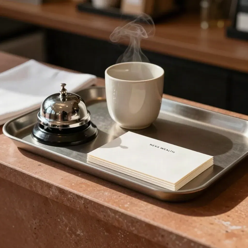 Polished hospitality tray, bell, ceramic cup and folded cards on a warm stone counter.