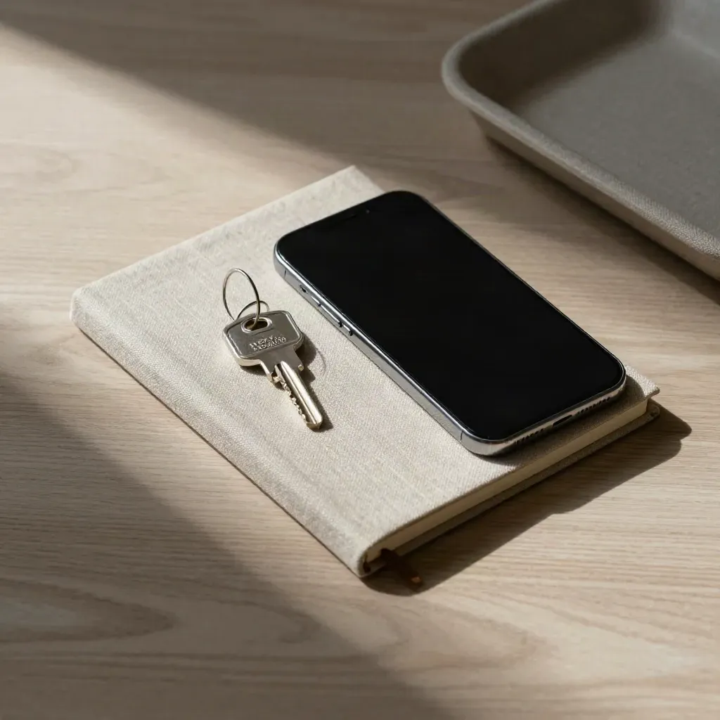 Top-down still life of a phone, closed notebook and silver key on a linen tray.