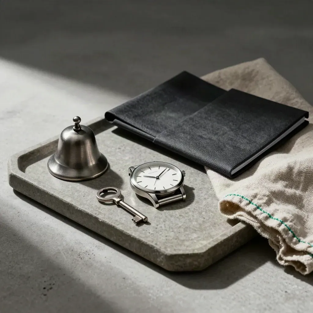 Minimal finance still life with watch, bell, key, and archive sleeves on a stone tray.