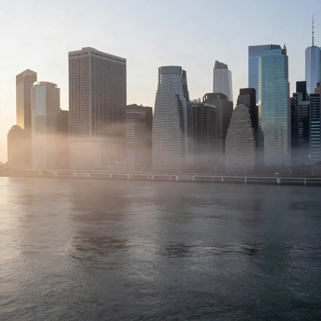 Manhattan skyline at dawn above river haze with calm copy space below.
