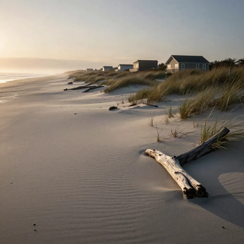 Golden-hour Long Island dunes, cedar cottages, marsh grass, and calm open sand