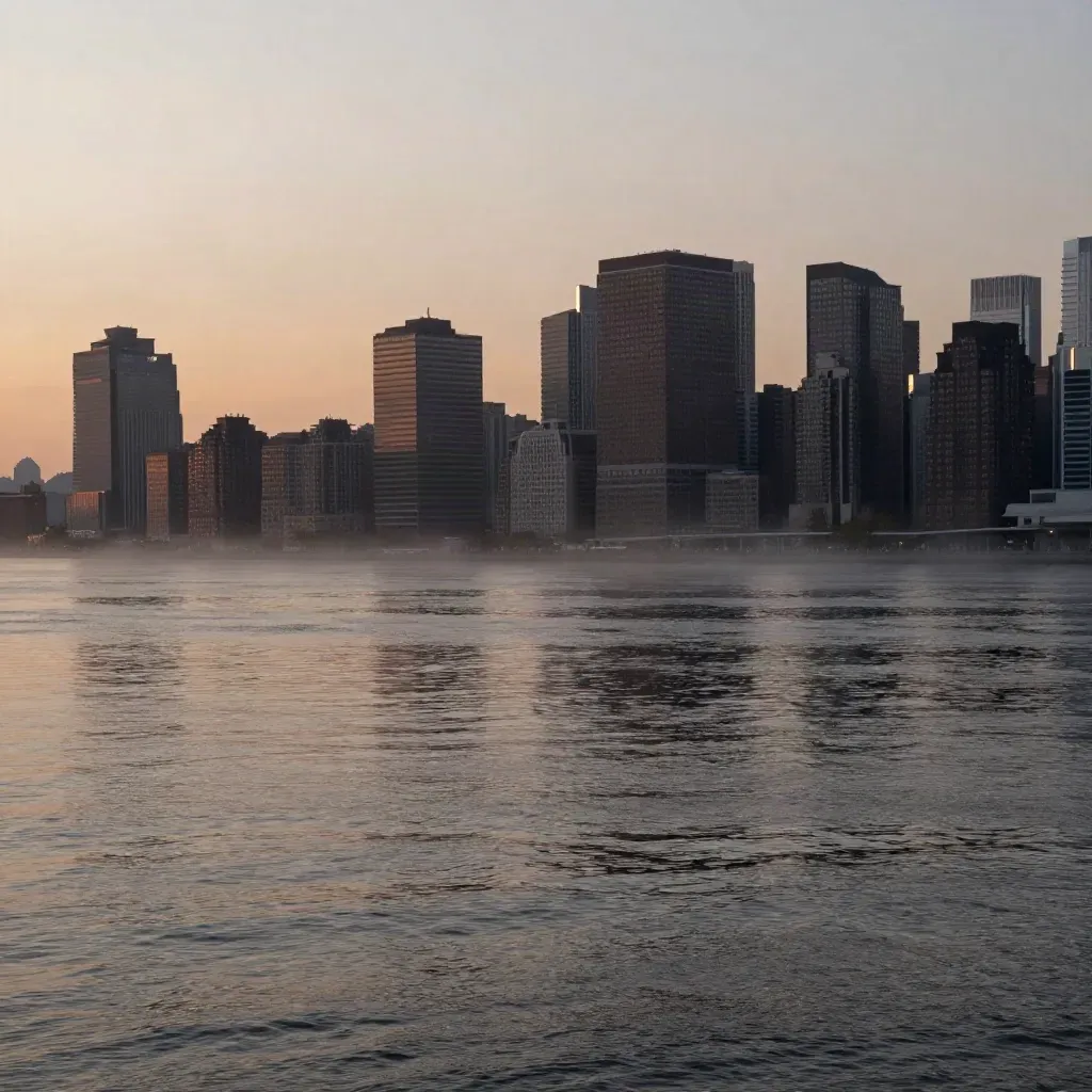 Hudson-side Jersey skyline over dark water and warm haze with calm copy space below.