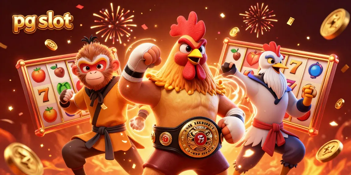 This 3D illustration of pg slot features a glowing Muay Thai rooster, Shaolin monkey, and crane master surrounded by spinning slot reels and golden coins.