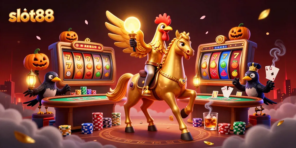 Slot88 membawa keseruan bermain dengan slot reels dan simbol beruntung dalam ilustrasi kasino malam yang megah.