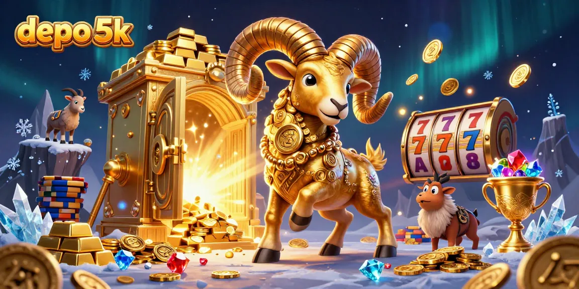 Engage with the thrilling world of depo 5k, featuring a golden ram and dynamic casino elements.