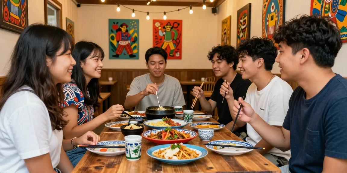 Experience Asian culture through https://hanadultalk.com, friends enjoying diverse cuisines in a warm, inviting setting.