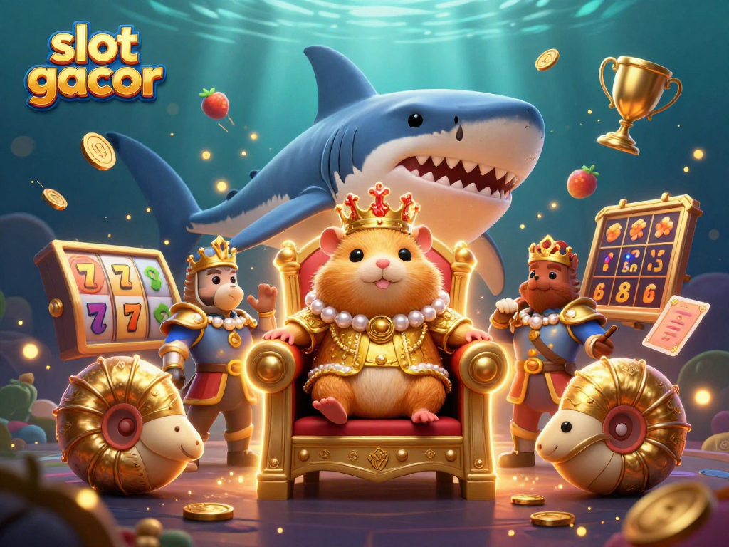 Experience the thrill of slot gacor with a golden hamster king and elaborate gaming elements in a dynamic scene.