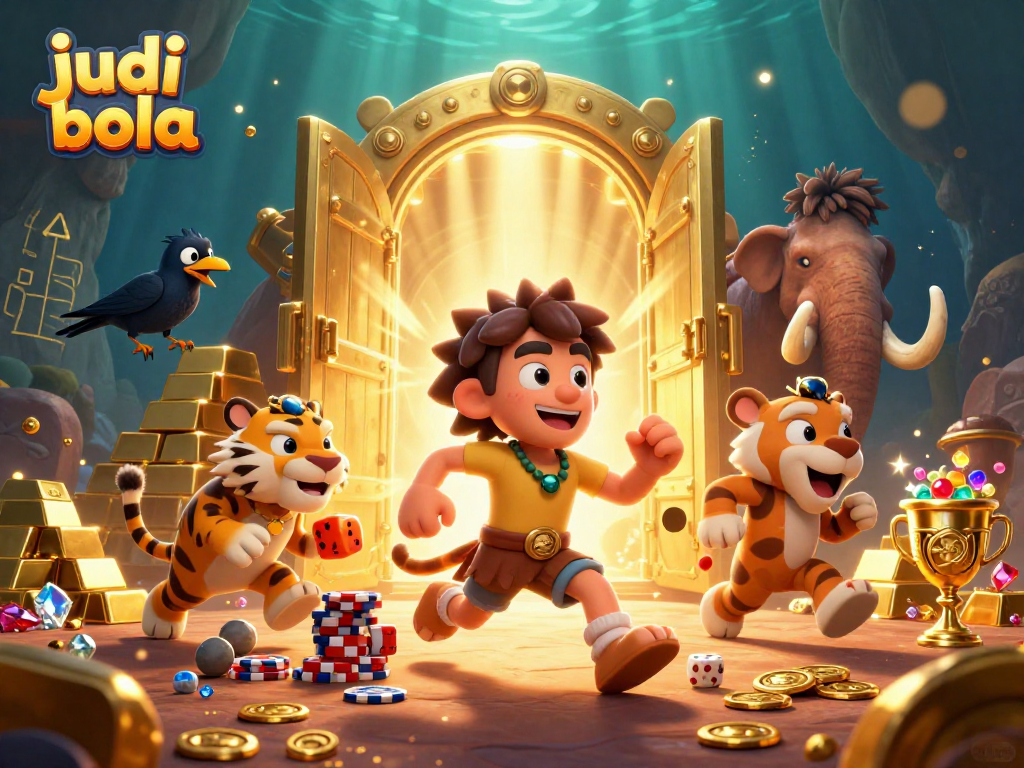 Engage in judi bola with our vibrant prehistoric casino scene featuring charming characters and treasures.