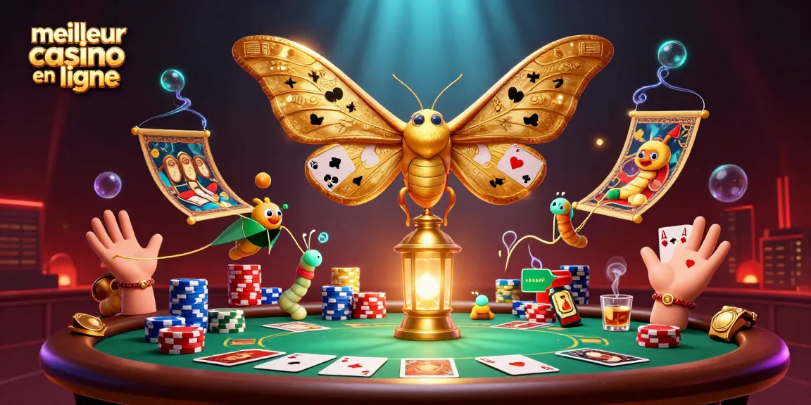 Jouer dans le meilleur casino en ligne avec des éléments captivants comme un papillon atlas, des cartes, et des jetons de poker.
