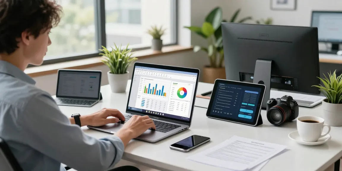 Experience seamless productivity with wps下载 in a modern office workspace featuring laptops, tablets, and natural lighting.