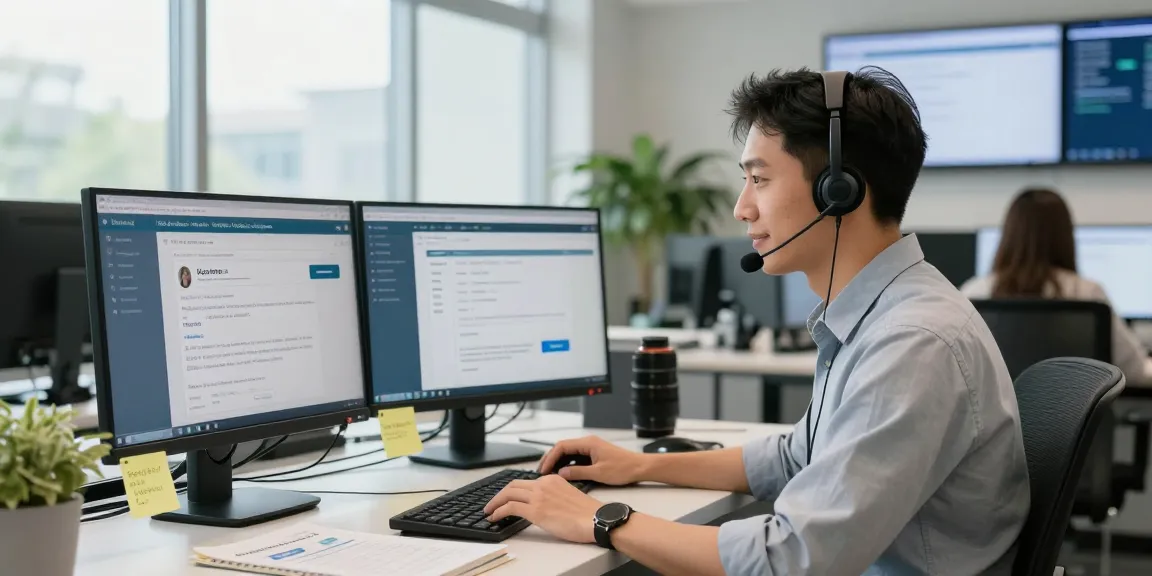 Customer service representative assisting Hotmail users in Telus-Technical-Support center.