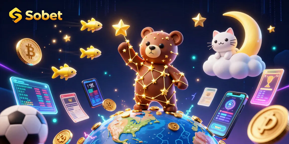 Sbobet sports betting scene with constellation bear, coins, and vibrant betting elements.