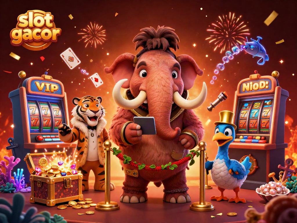 Engage with slot gacor strategies while a mammoth bouncer checks IDs at a vibrant casino scene.