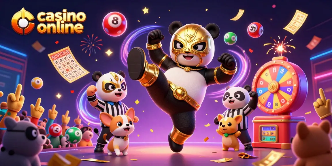 Acțiune captivantă la casino online, cu panda luptător făcând un kick, și animale entuziasmate.