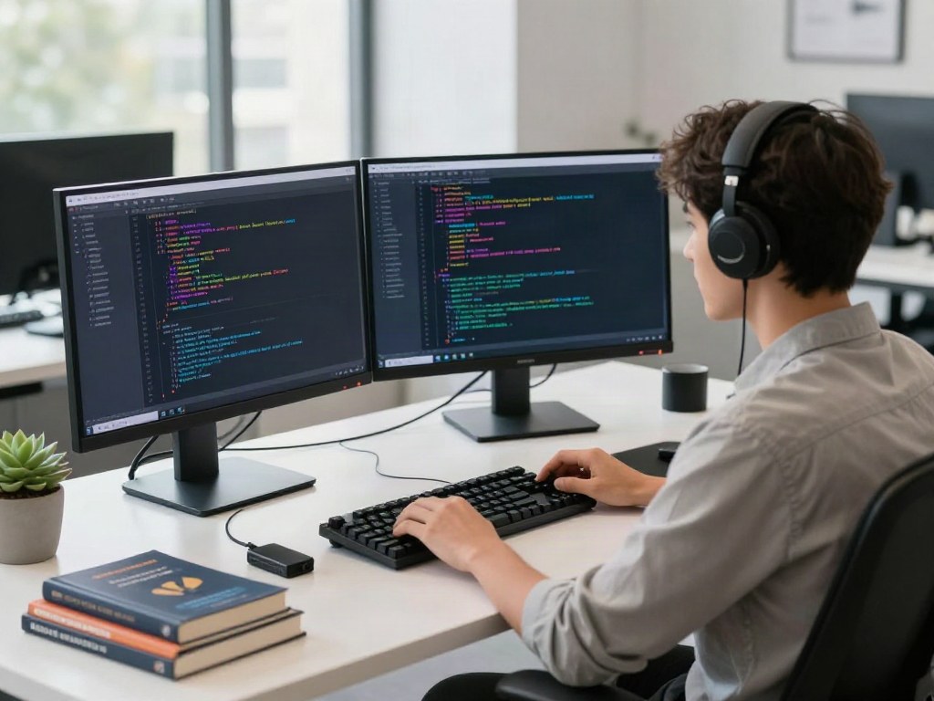 Software developer engaged with v2rayN官网 in a modern workspace.