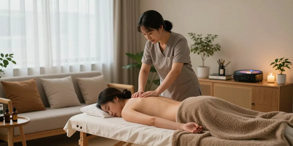 Relaxing 성남출장마사지 scene with therapist in cozy home setting, soft lighting, and soothing ambiance.