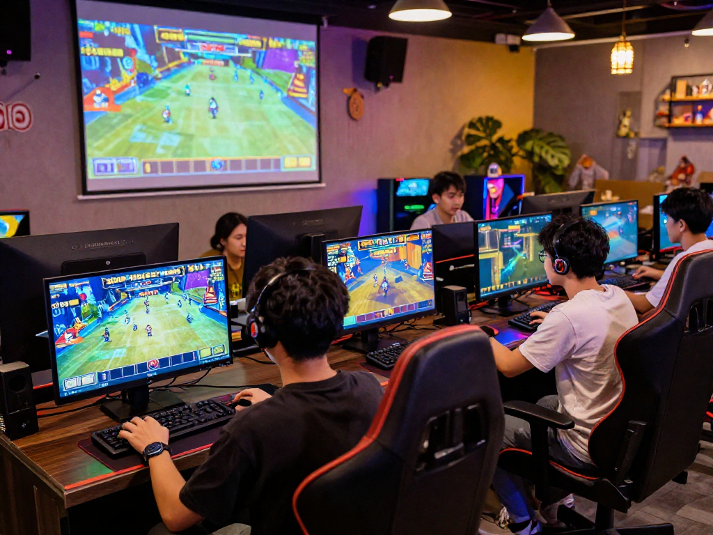 Engaged players at a vibrant pasaran togel gaming lounge enjoying the thrill of online gaming.