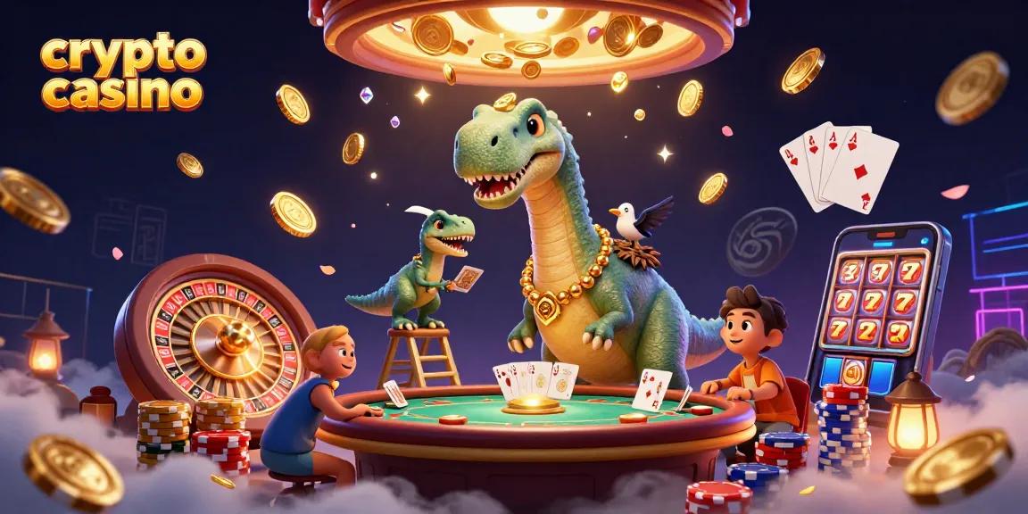 Jouer dans un crypto casino avec un brontosaurus géant et un raptor distribuant des cartes, entouré de pièces d'or.