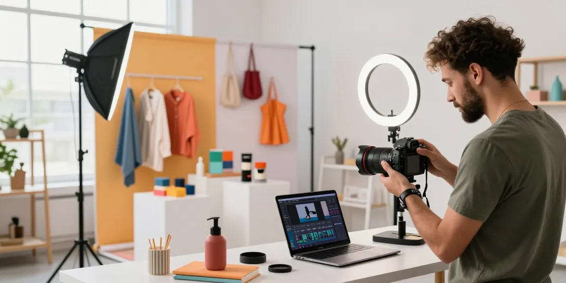 Fotografo ecommerce préparant des photos de produits dans un studio moderne avec un éclairage professionnel.