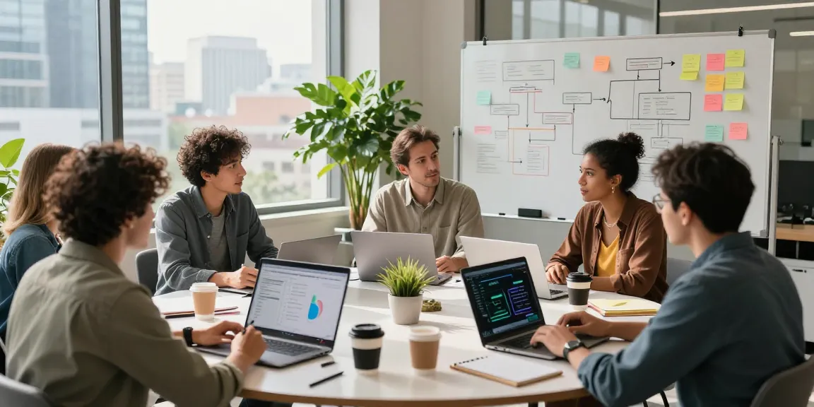 Team working in a modern office to explore agentic AI innovations with laptops and whiteboards.
