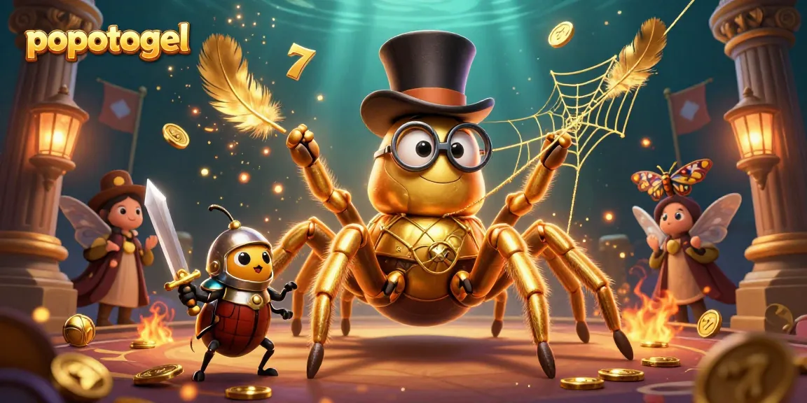 Spin the reels at popotogel with this vibrant casino scene featuring golden characters and elements.