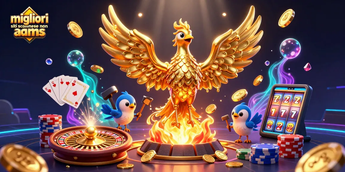 I migliori siti scommesse non AAMS presentano un'illustrazione 3D mozzafiato con un fenice dorata, monete e giochi d'azzardo.