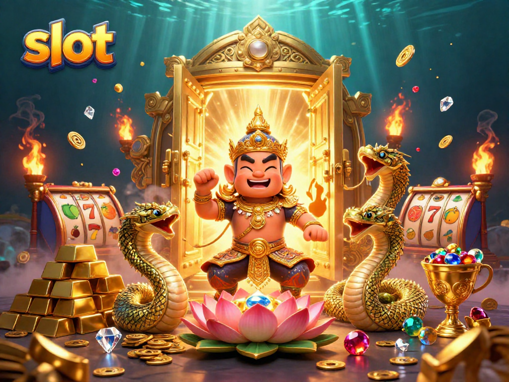 Exciting slot gameplay surrounded by a guardian and treasures in a vibrant casino illustration.