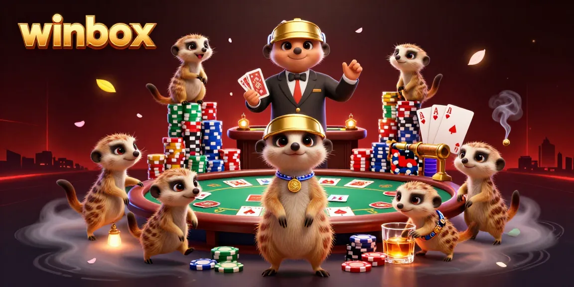 Experience winbox's dynamic casino scene with meerkats dealing cards and managing chips.