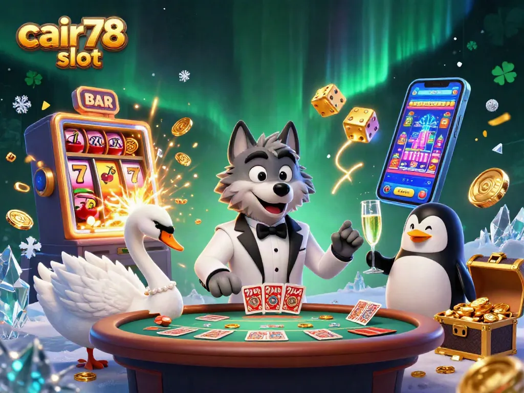 Simulasi permainan cair78 slot yang menarik dengan karakter kartun dan elemen kasino yang meriah.