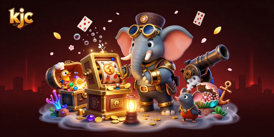 Spin the exciting kjc slot machine with a steampunk elephant engineer amidst a treasure-filled scene.