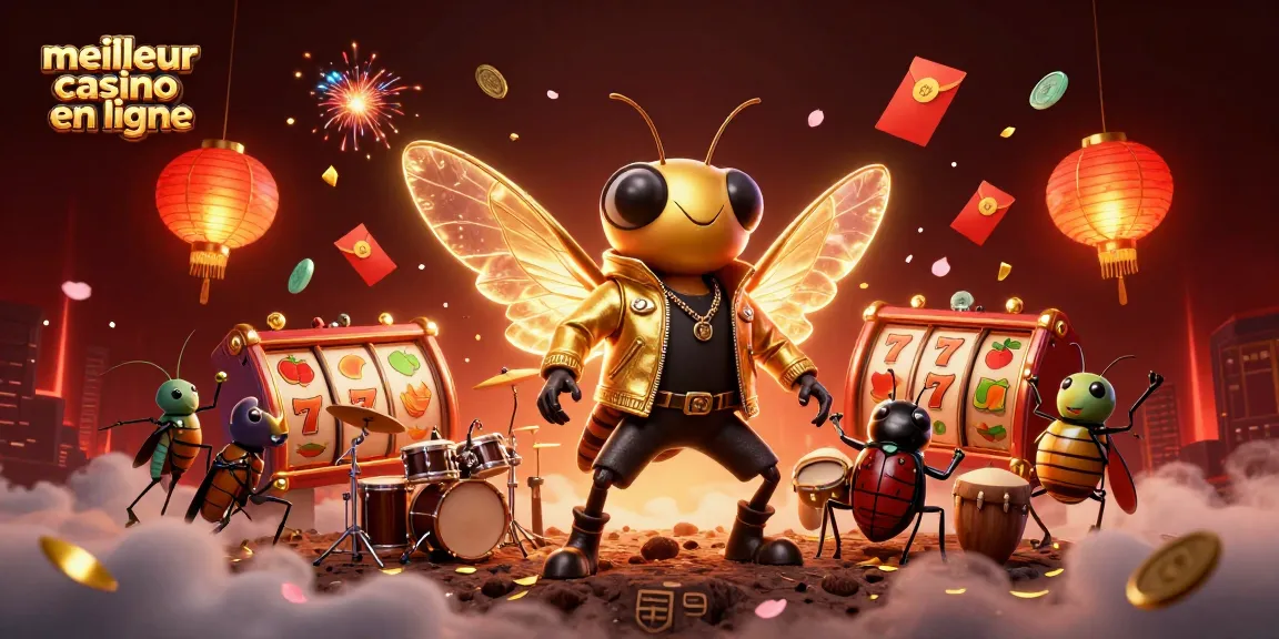 Le meilleur casino en ligne sous la forme d'une illustration 3D, mettant en scène une rock star et ses camarades, entourés de rouleaux de machines à sous et de lumières festives.