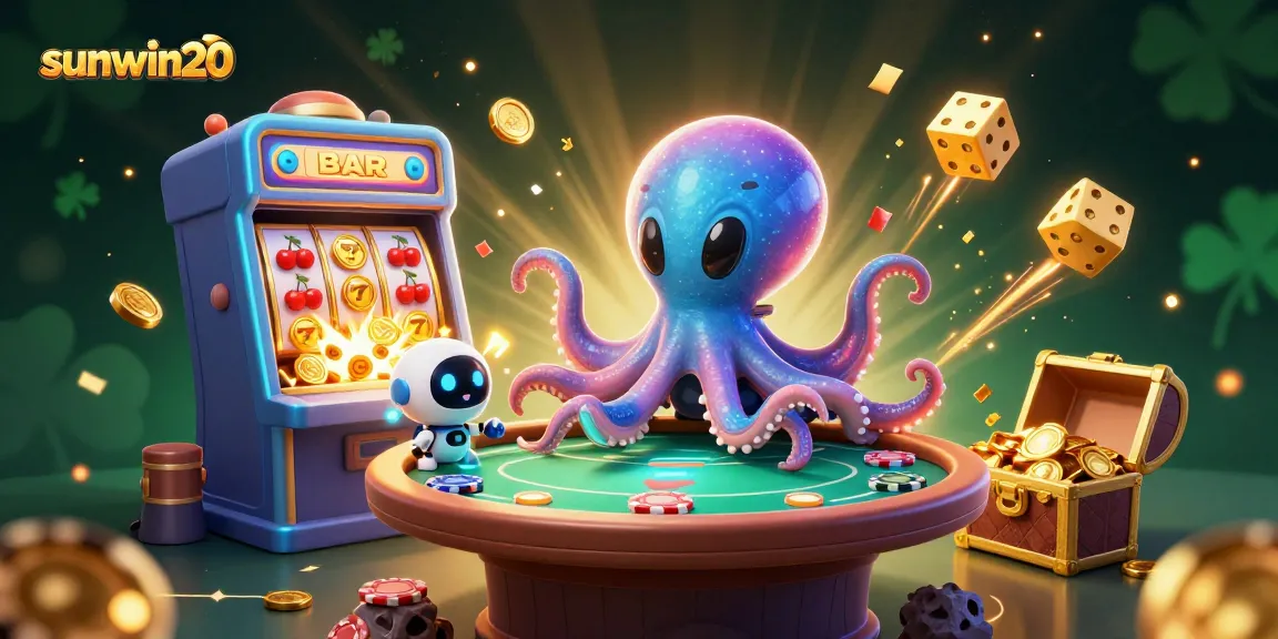 Play exciting games at sunwin20 with a lively 3D casino illustration featuring vibrant characters.