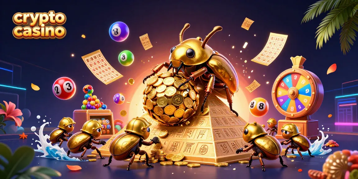 Jouez sur un crypto casino avec des machines à sous et des pièces d'or flottantes.