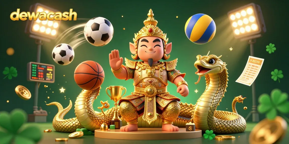 Engage in sports betting excitement with dewacash, showcasing vibrant 3D characters, dynamic elements, and golden gaming symbols.