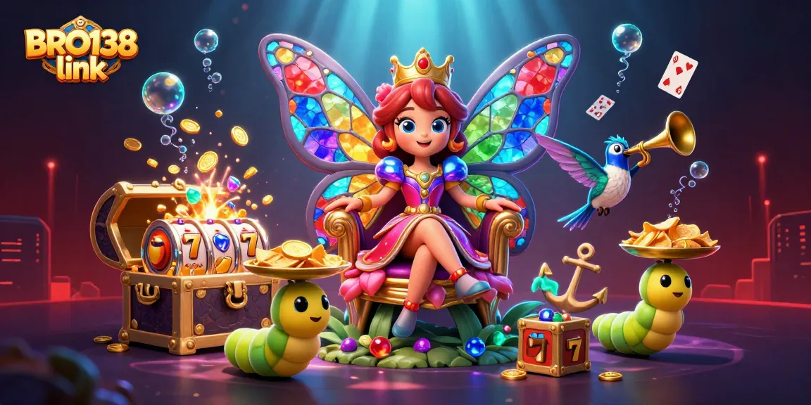 Engage with BRO138 link's vibrant casino scene featuring a butterfly queen and slot elements