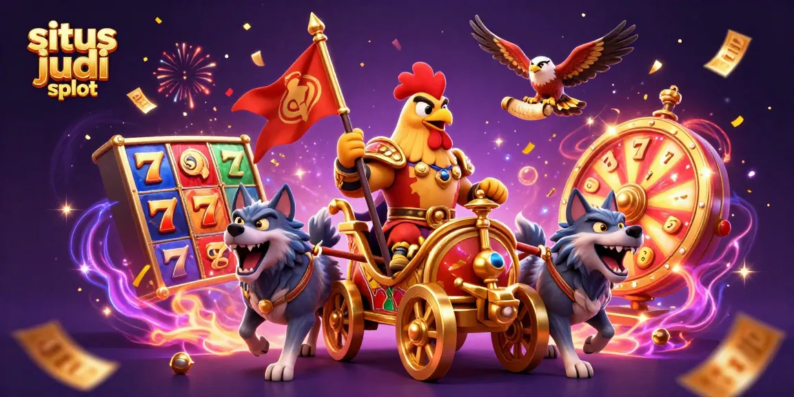 Experience excitement with situs judi slot showcasing a rooster warlord and slot gaming elements.