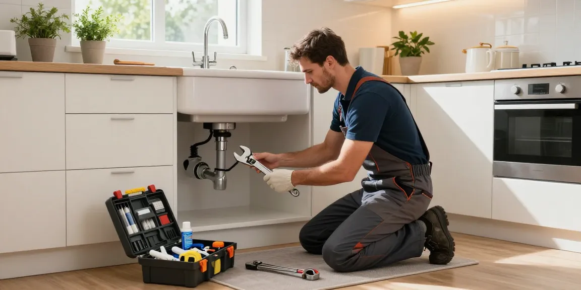 Reliable Northampton plumber repairing a faucet in a modern kitchen, equipped with tools and surrounded by home improvement items.