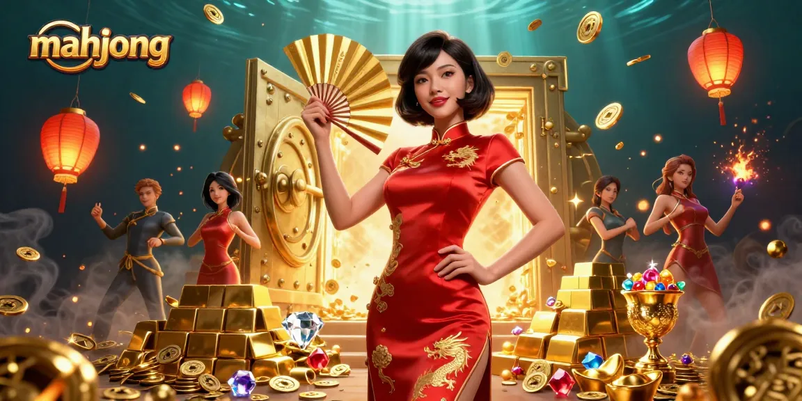 Play mahjong in an opulent scene filled with gold coins, lanterns, and a confident woman.