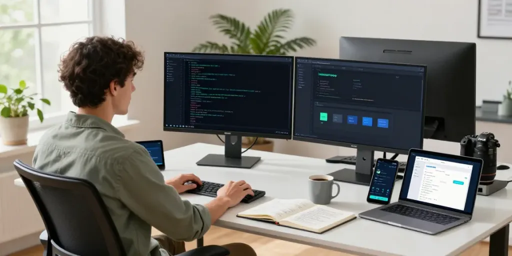 Showcase of h5.2113.net with developer working on open-source Android apps in a modern workspace.