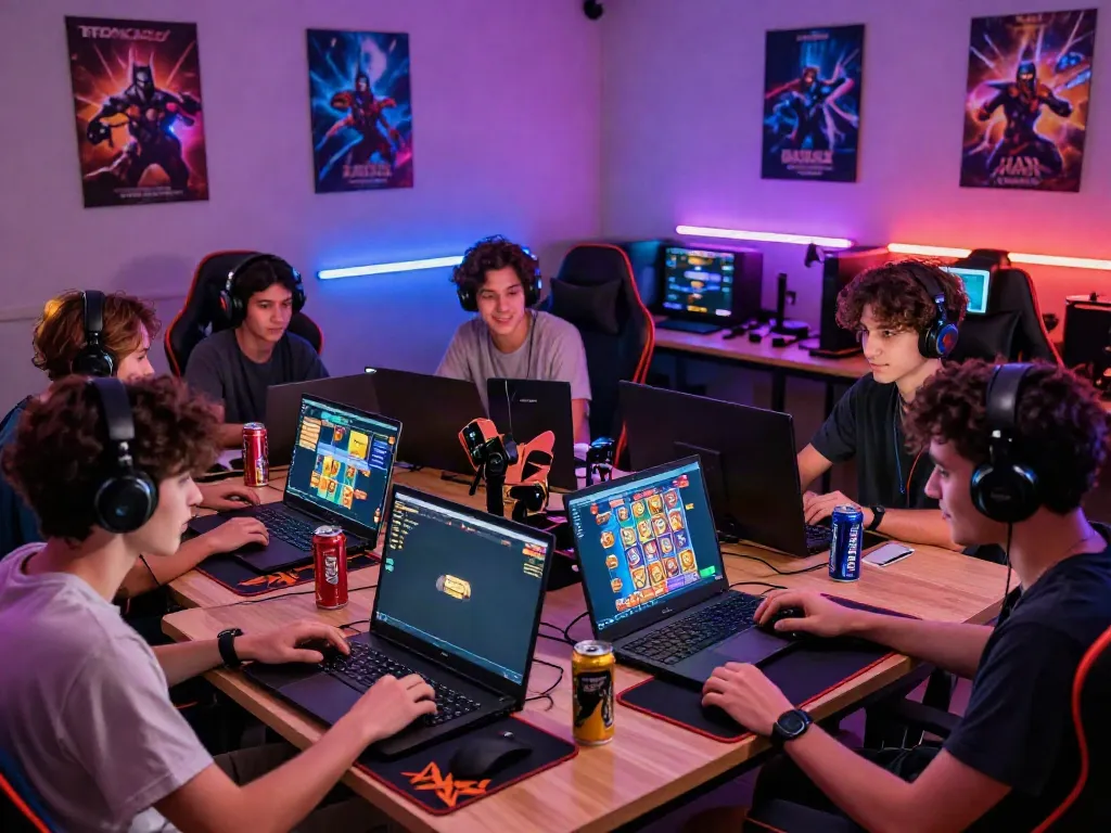 Exciting group activity featuring friends playing rokok88 slot games online in a vibrant digital environment.