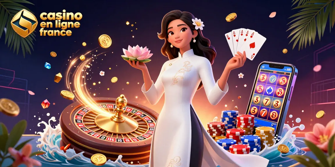 Expérimentez le frisson du casino en ligne France avec des personnages élégants entourés de pièces d'or et d'éléments de jeu vibrants.