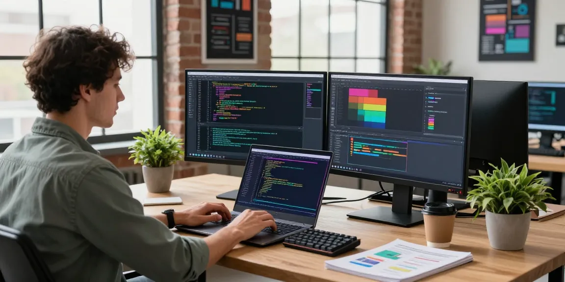 Developer using 纸飞机中文版 in a modern workspace, showcasing coding activity and technical setup with vibrant monitor displays.