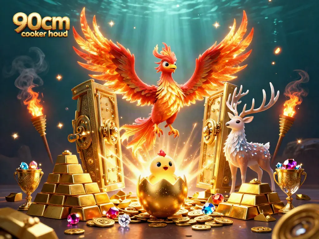 Engage with the 90cm cooker hood game as a fire phoenix and mystical stag illuminate a treasure-filled scene.