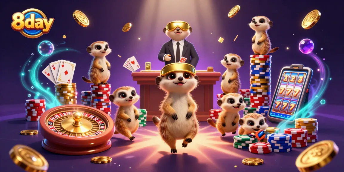 Engaging 3D casino scene showcasing meerkats at their dynamic 8day gaming operation.