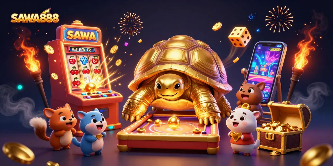 Experience exciting gaming at SAWA888 with a vibrant 3D illustration of a colossal pinball tortoise and slot machine.