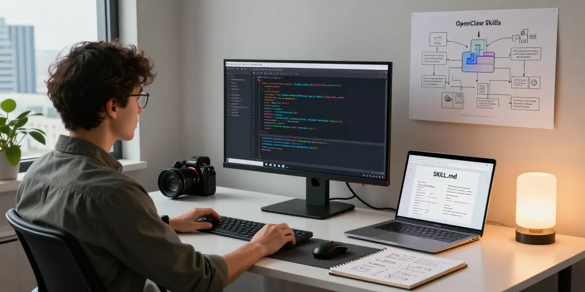 Developer coding OpenClaw Skills in a modern workspace, showcasing engaging software development environment.