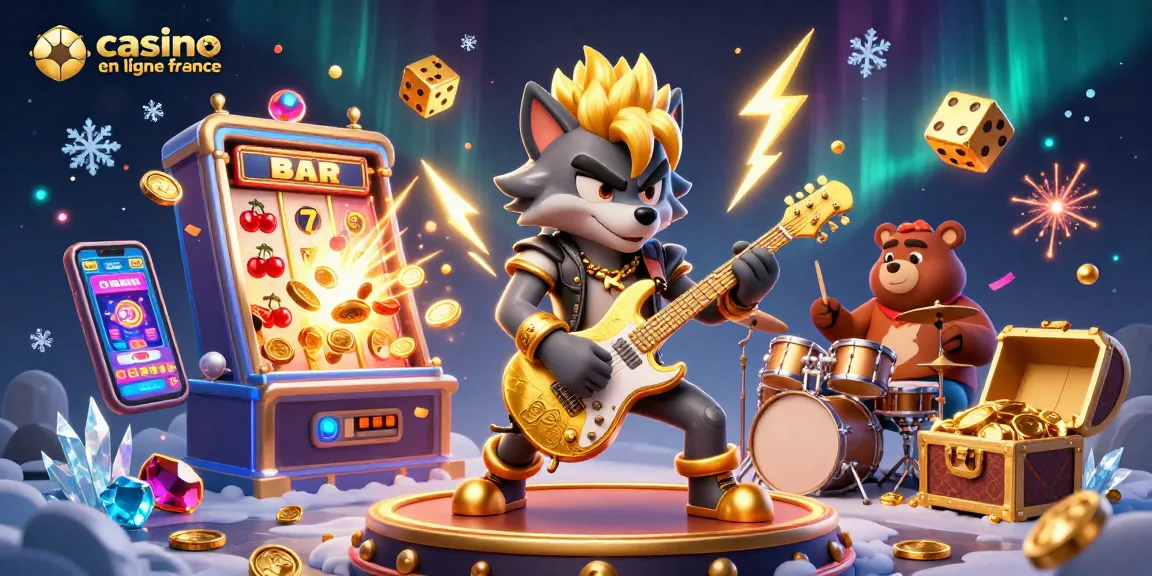 Découvrez une action palpitante au casino en ligne France avec une illustration 3D vibrante d'un loup rock star et des éléments de jeu passionnants.