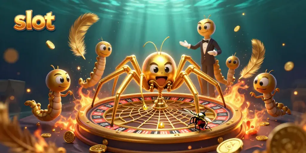 Slot yang menampilkan laba-laba emas berputar dengan taruhan di pinggirnya dan efek visual kaya.